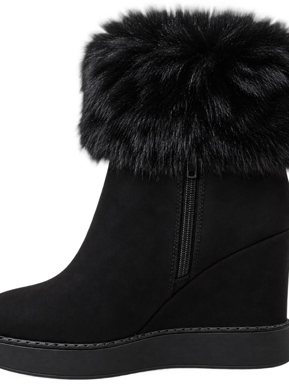 Faux Fur Trim Black Wedge Ankle Boot - Women